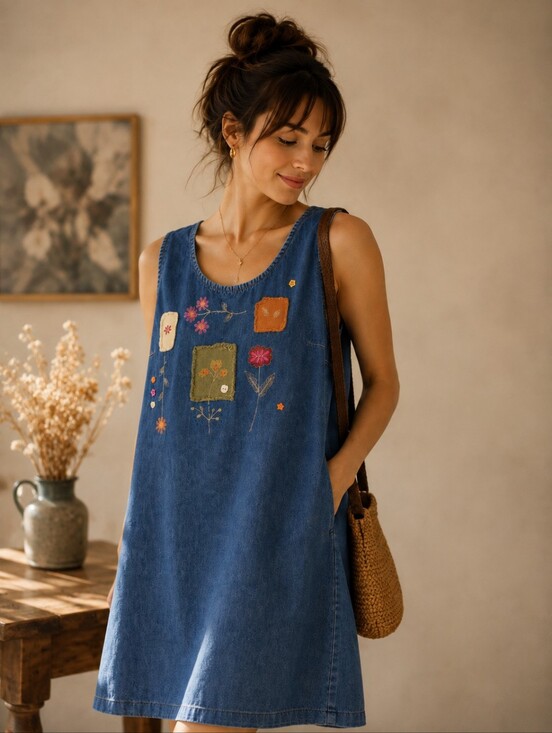 marie claire Dresses & Skirts - Marie Claire | Embroidered Denim Shift Dress, Size M